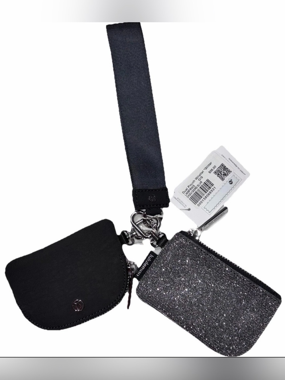 NWT LULULEMON DUAL POUCH WRISTLET* METALLIC WORD MARK BLACK/GRAY/SILVER HARDWARE